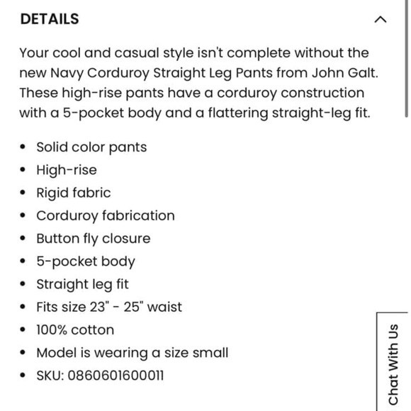 PacSun John Galt Corduroy Straight Leg Pants Button Fly Navy Cotton Small NWT - Picture 5 of 12